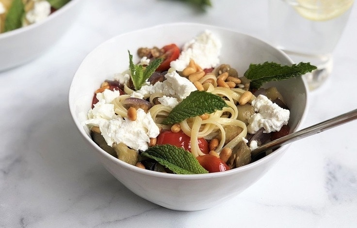 Easy Eggplant Linguine with Tomatoes, Goat Cheese & Mint