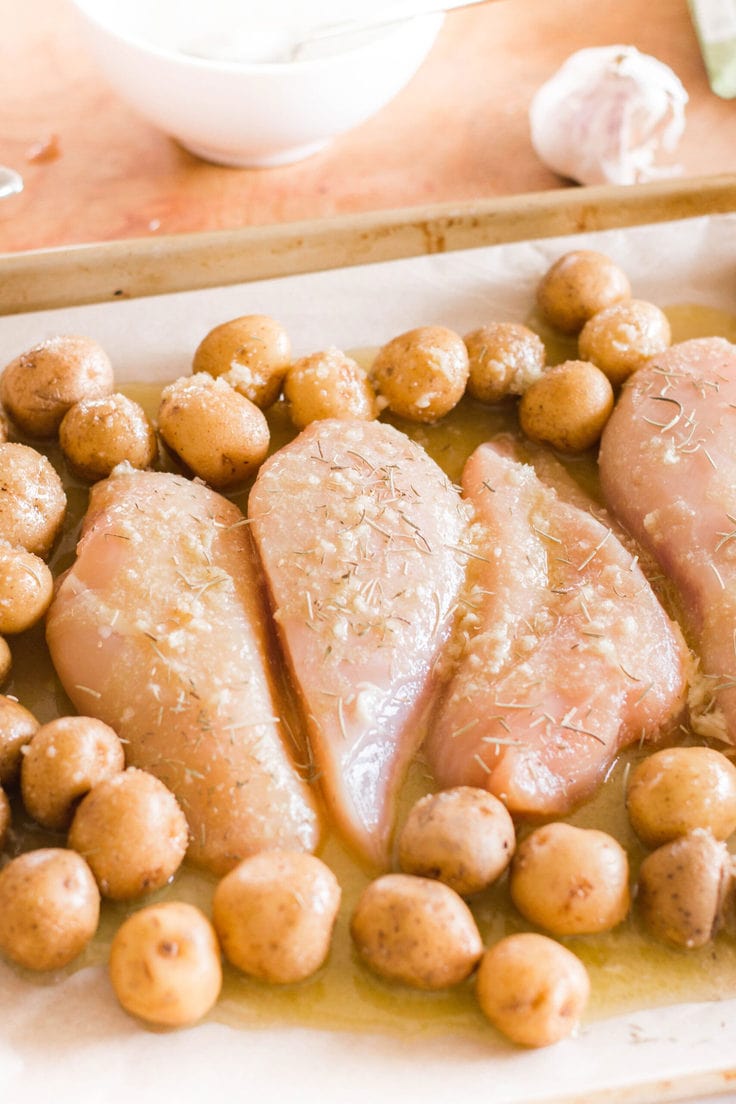 Raw chicken seasoned with garlic and herbs.