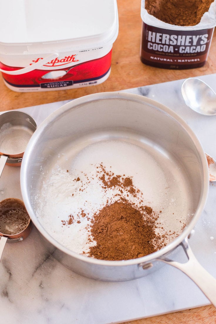 Cocoa powder in a saucepan.