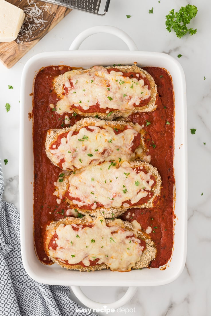 Baked chicken parmesan right out of the oven.