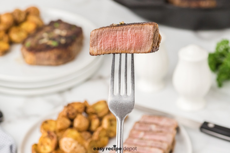 A slice of pan seared steak on a fork.