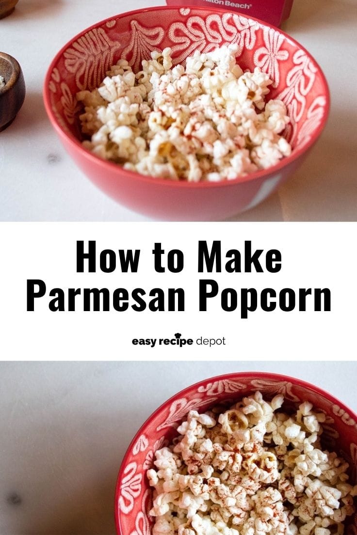 Two photos of parmesan popcorn from different angles.