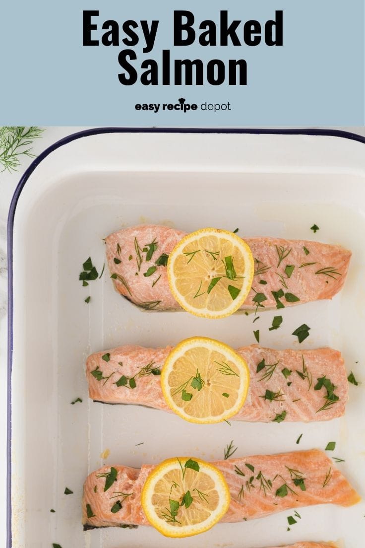 baked salmon from the oven with lemon slices and dill and parsley