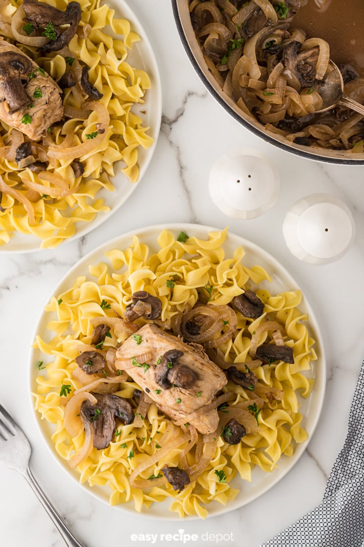 turkey tips with mushrooms and onions served over egg noodles