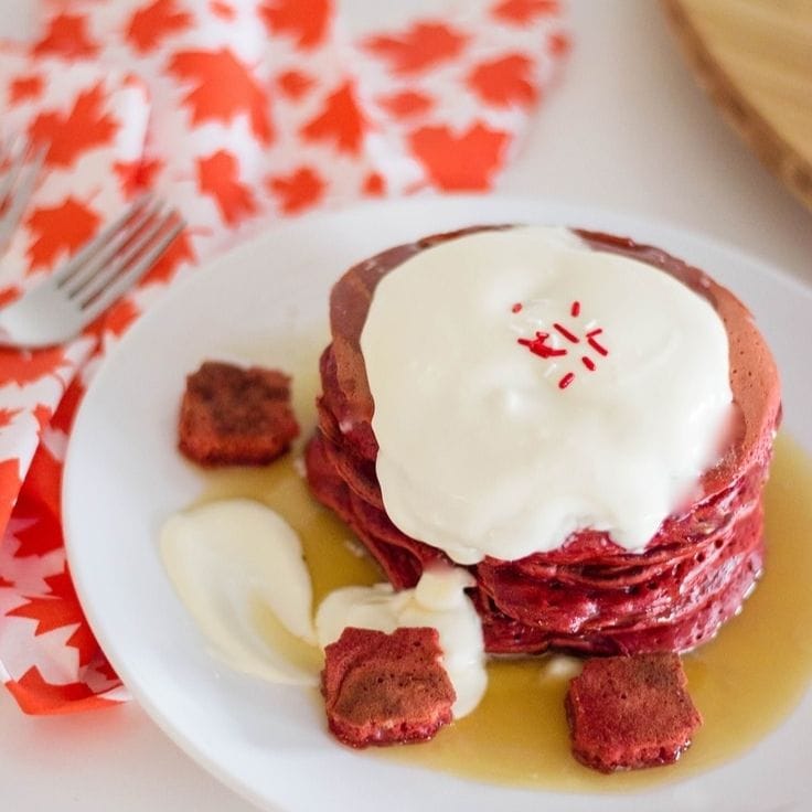 Red Velvet Pancakes with Maple Syrup Buttercream