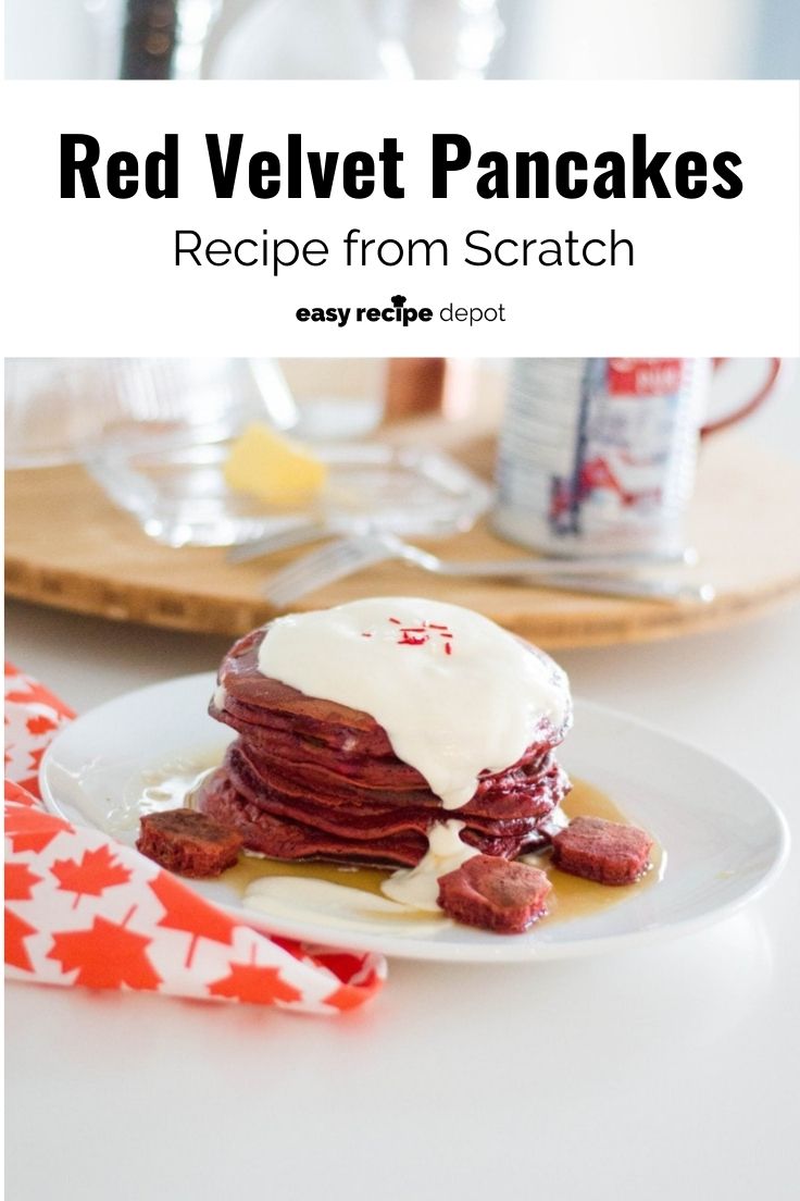 Red velvet pancakes recipe from scratch with maple syrup buttercream.