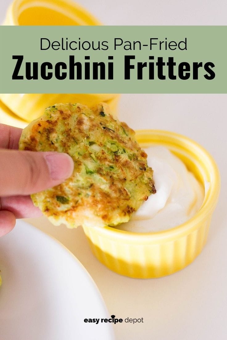 Pan-fried zucchini fritters with sour cream dipping sauce.