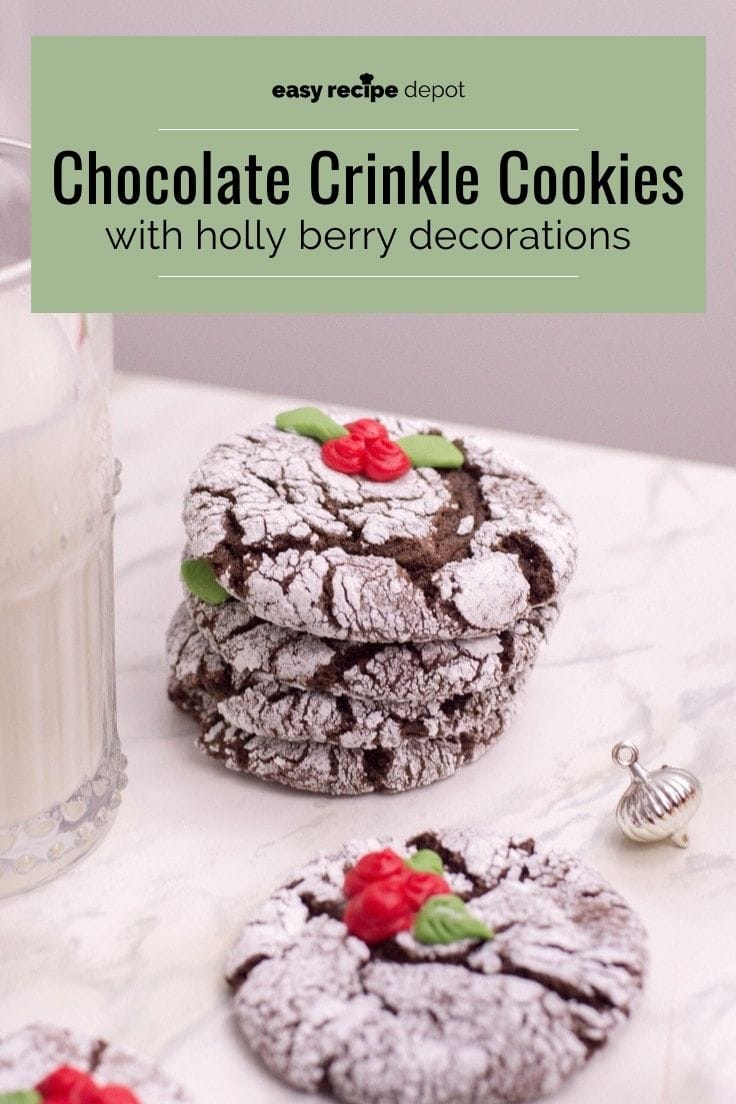 Chocolate crinkle cookies with holly berry decorations.