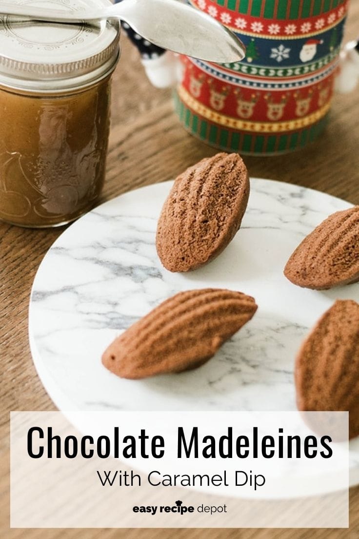 Chocolate madeleines with caramel dip.