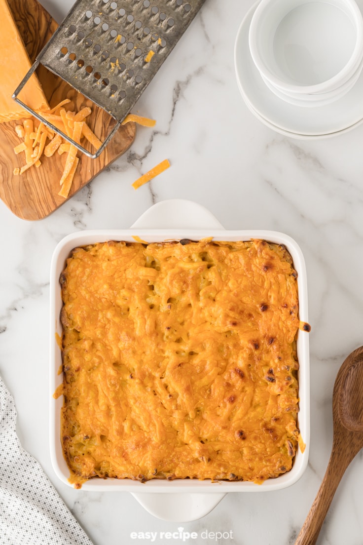 baked mac and cheese in a casserole dish right out of the oven