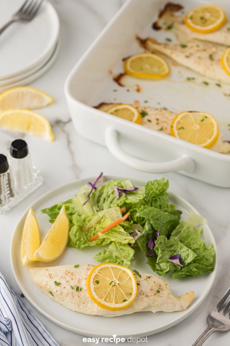 a dinner plate with baked tilapia and mixed salad