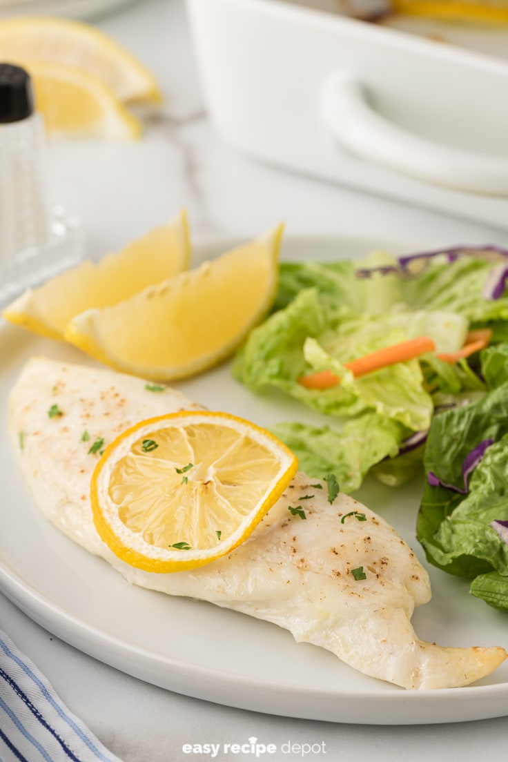 baked tilapia with lemon wedges and a side salad