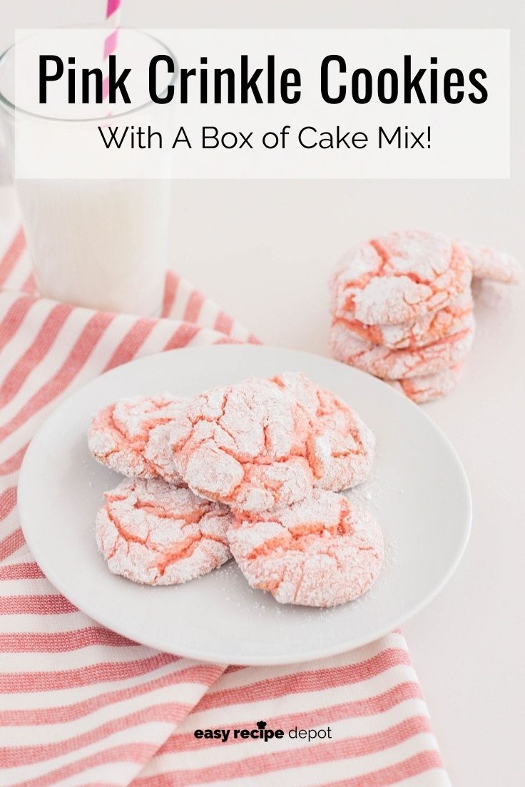 Pink crinkle cookies with a box of cake mix.