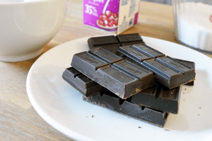 Large dark chocolate bar pieces on a plate.