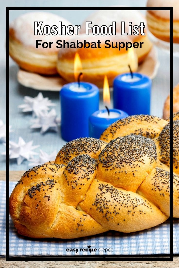 Challah bread and Sufganiyah on a table with blue candles and text overlay that reads 
