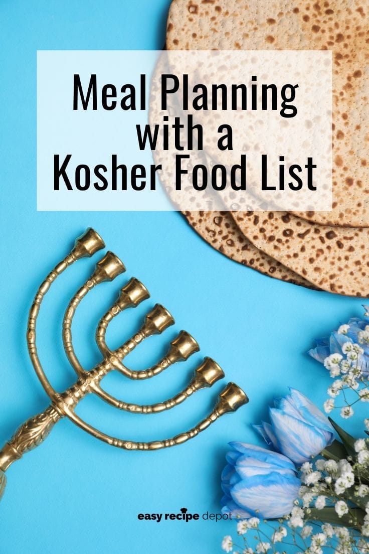 Meal planning wish a kosher food list beside a Menorah and flatbread.