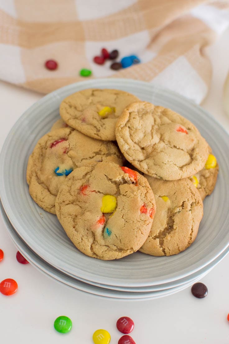 Bird's eye view of a plate of homemade cookies with M&Ms