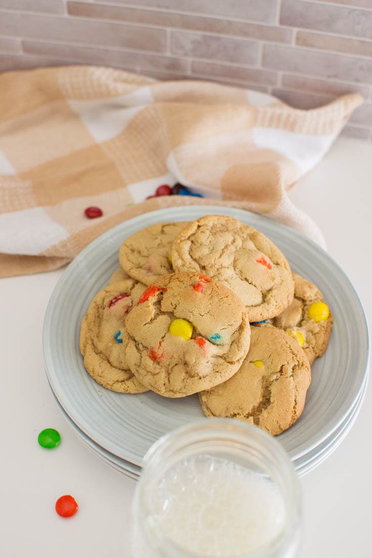 Bird's eye view of a plate of homemade cookies with M&Ms.