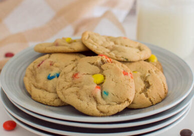 A closeup photo of a plate full of M&M cookies
