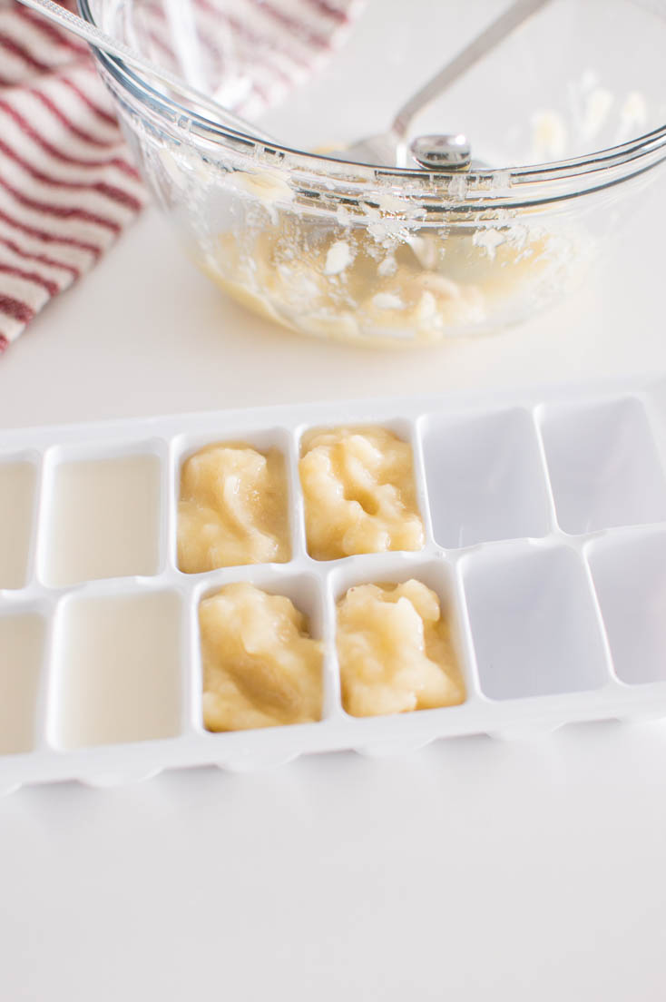 Mashed bananas in an ice cube tray