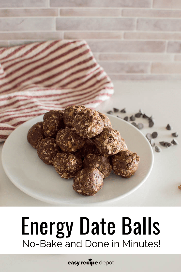 A stack of Date Energy Balls on a white plate, with a striped tea towel and chocolate chips in the background