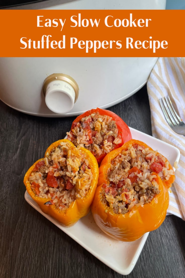 stuffed peppers on white plate from above in front of white slow cooker