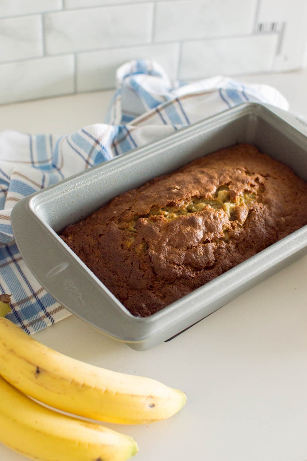 Homemade banana bread in a loaf pan