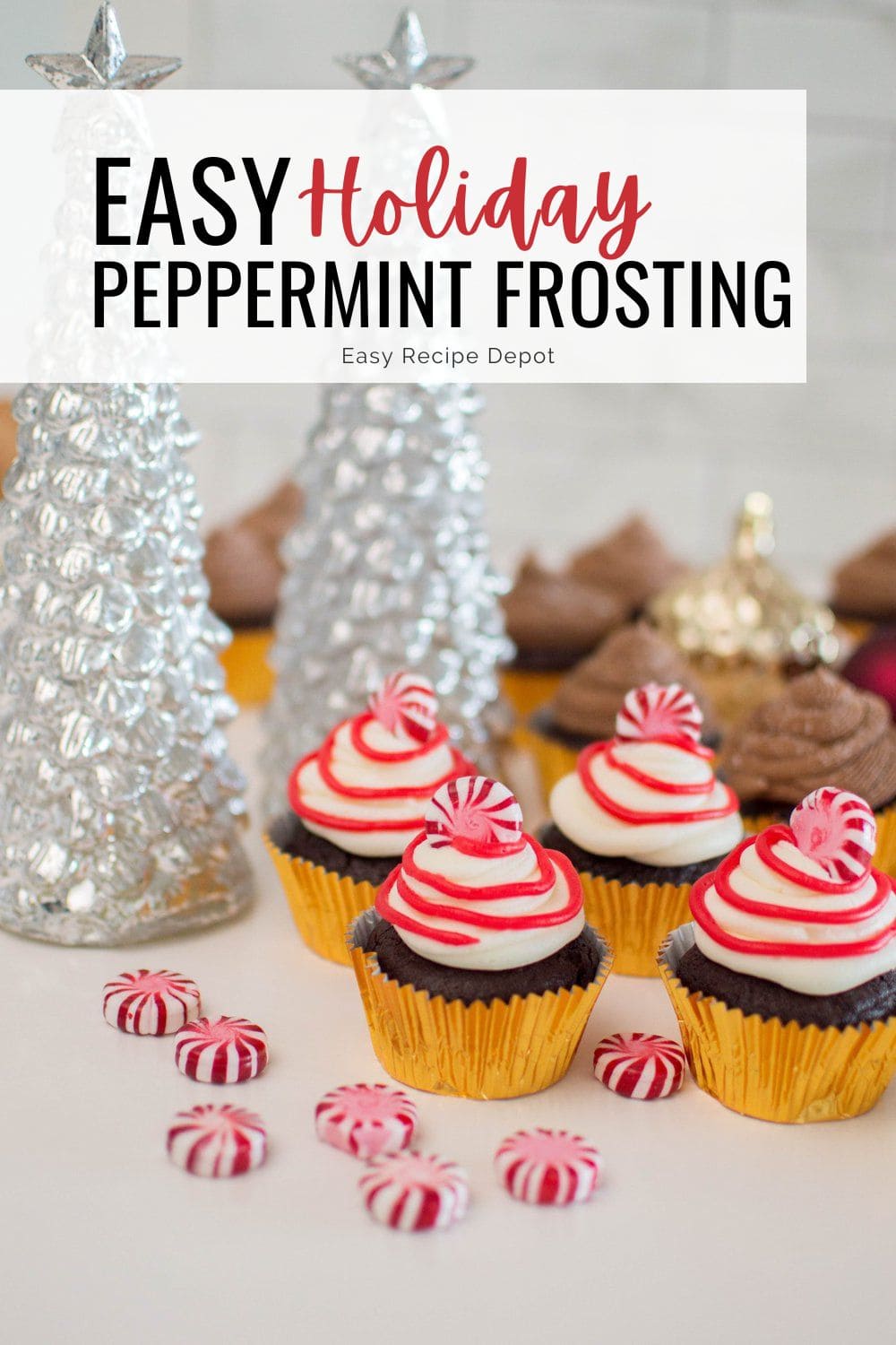 Red and white peppermint frosting on chocolate cupcakes.
