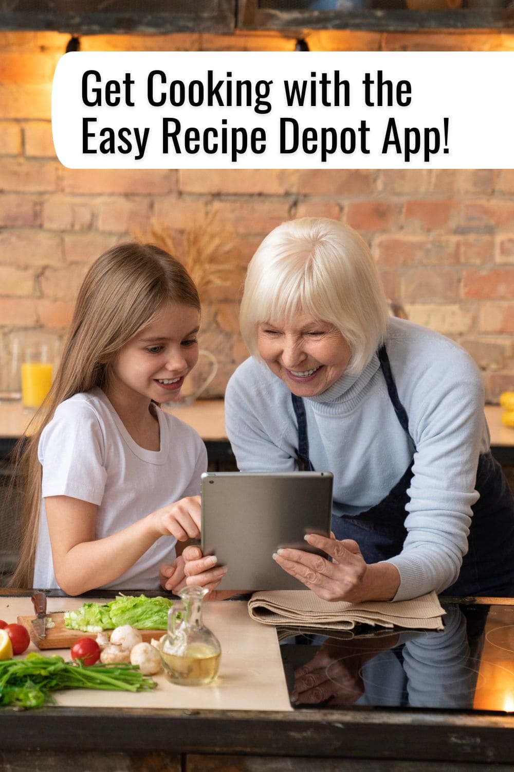 A woman and child look at a tablet in a kitchen with text overlay that reads Get cooking with the Easy Recipe Depot app.