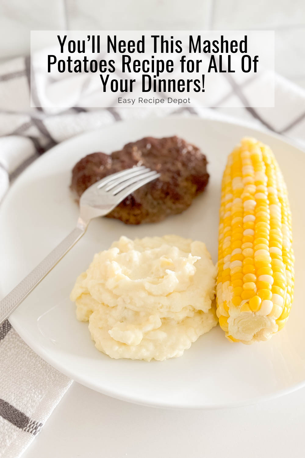 Close-up of homemade mashed potatoes being served as a side with steak and corn